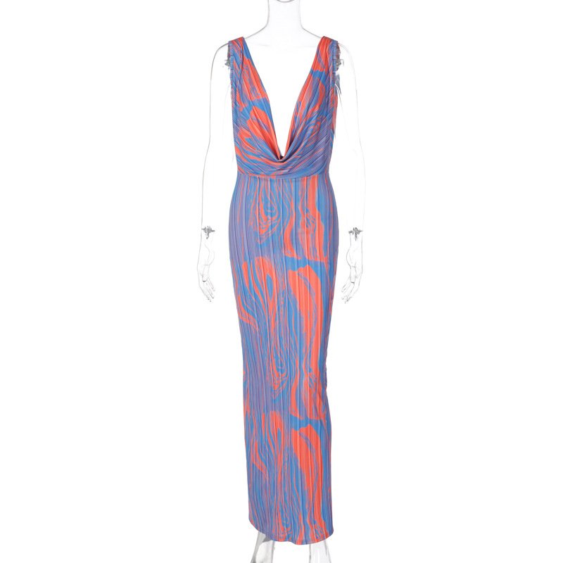 B27458 trendy rib knit sleeveless long printed backless deep V neck bandage sexy dresses women