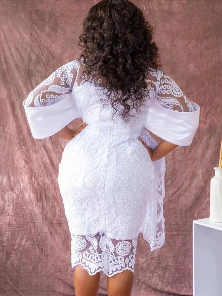 Midi Half Sleeves Draped Lace Wedding Guest Plus Size Dresses Women