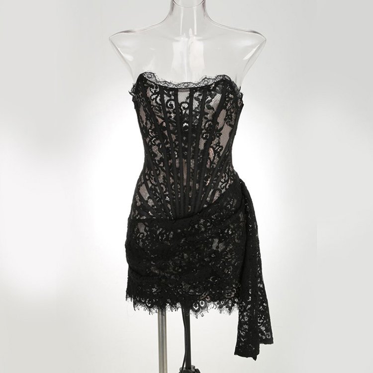 2024 Woman Night Club Cocktail Sexy Lace See Through Off The Shoulder Short Party Evening Mini Corset Dress