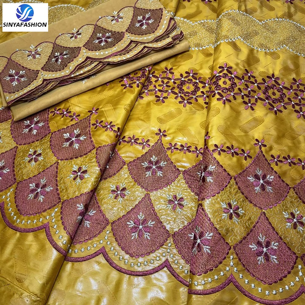 Hot Selling Guinea Brocade Bazin Riche African Lace Fabrics 5 Yards Bazin Lace and 2 Yards French Lace Wedding Party Embroidered