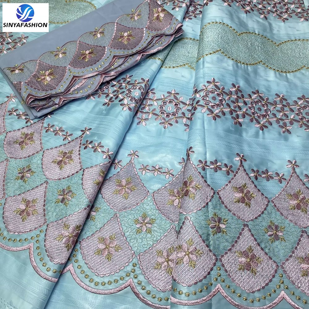 Hot Selling Guinea Brocade Bazin Riche African Lace Fabrics 5 Yards Bazin Lace and 2 Yards French Lace Wedding Party Embroidered