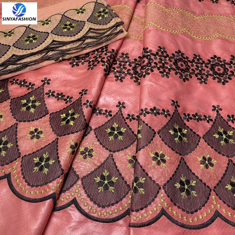 Hot Selling Guinea Brocade Bazin Riche African Lace Fabrics 5 Yards Bazin Lace and 2 Yards French Lace Wedding Party Embroidered