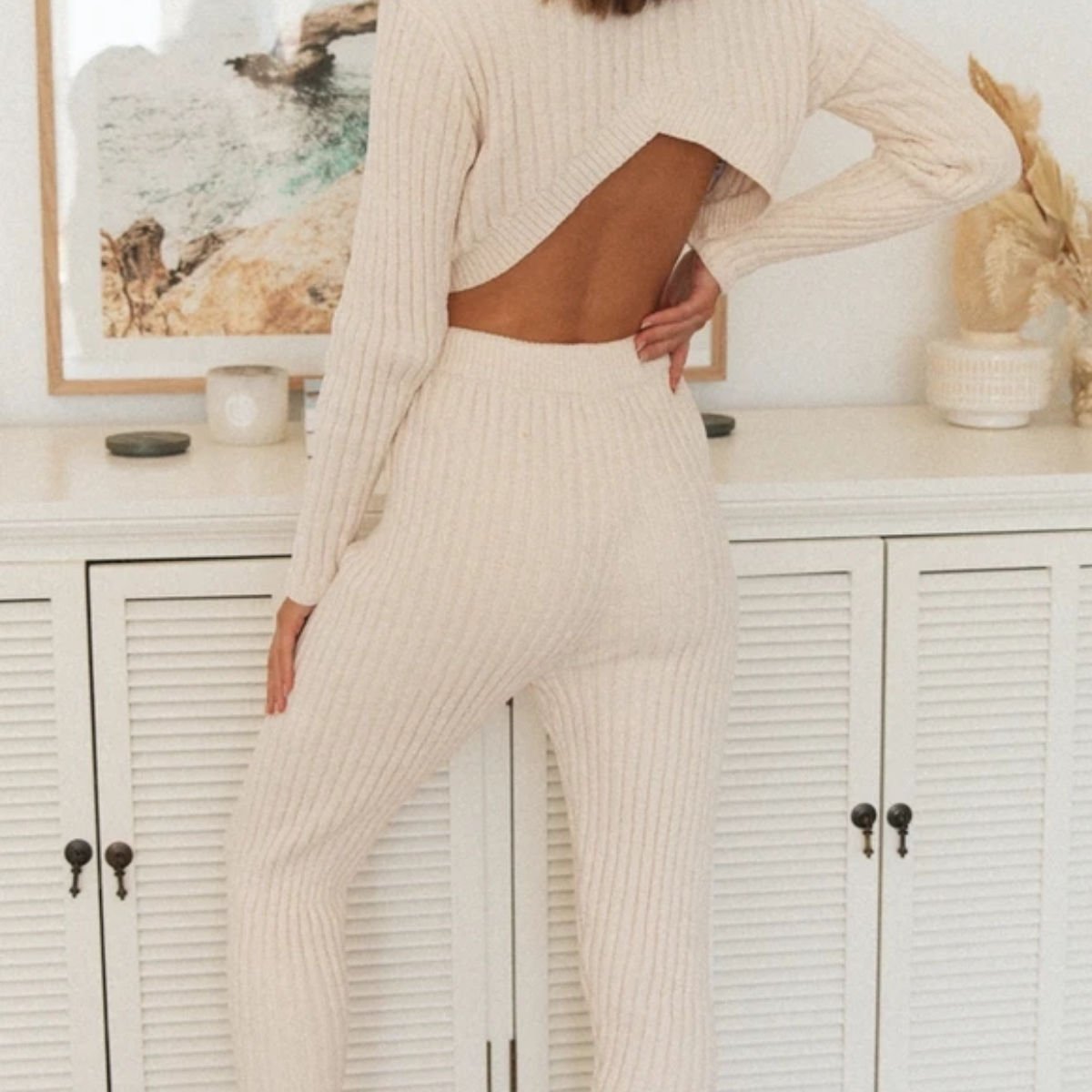 Custom Knit Two Piece Pant Set Ladies Casual Irregular Backless Top And Long Pant Rib Knitted Women Sweater Clothes Sets