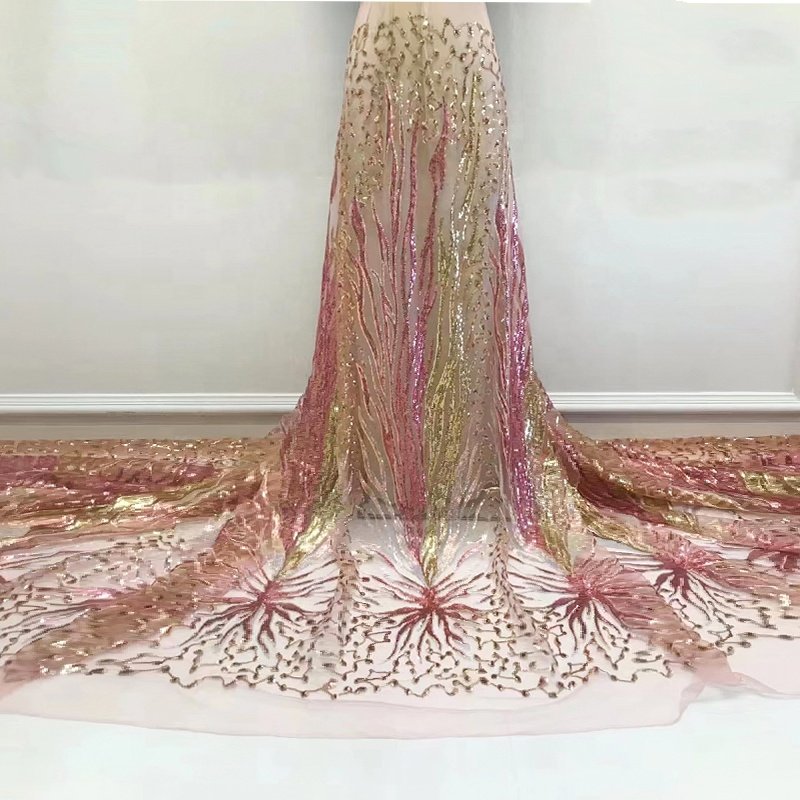 African Sequins Lace Fabric Red Fireworks Bridal Luxury Embroidery for Evening Party 100% Polyester Stretch Mesh Fabric 15 Yards