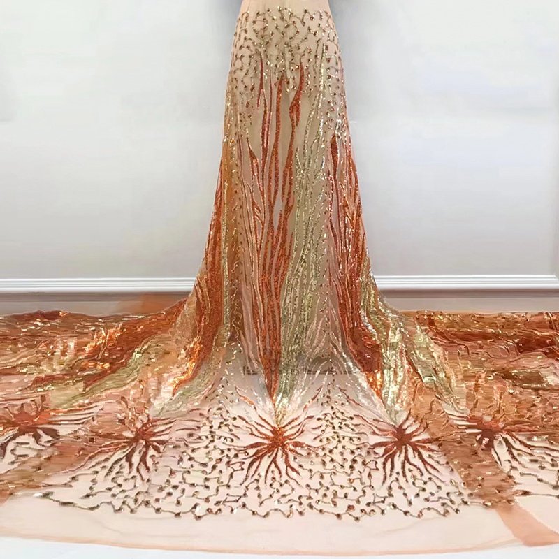 African Sequins Lace Fabric Red Fireworks Bridal Luxury Embroidery for Evening Party 100% Polyester Stretch Mesh Fabric 15 Yards