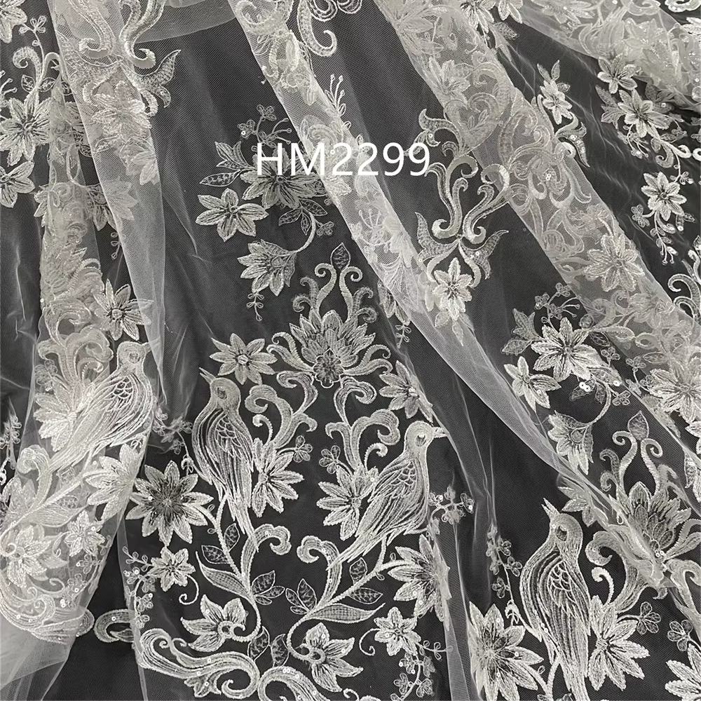 New White Tulle Embroidery Fabrics with Sequins Lace Mesh Fabric for Garment or Wedding Dress