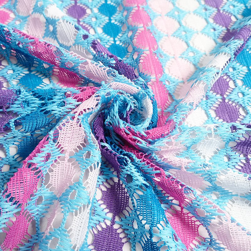 multi color rainbow stripe yarn knitted warp knitting lace see through tulle for fashion scarf