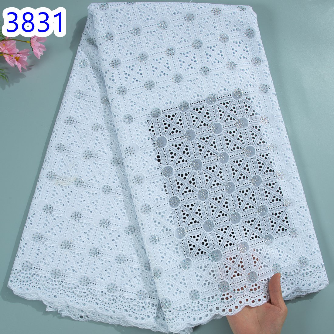 African Cotton Embroidery Lace Fabric 2024 High Quality Swiss Voile Lace with Stones For Women Wedding Dress Sew 3831