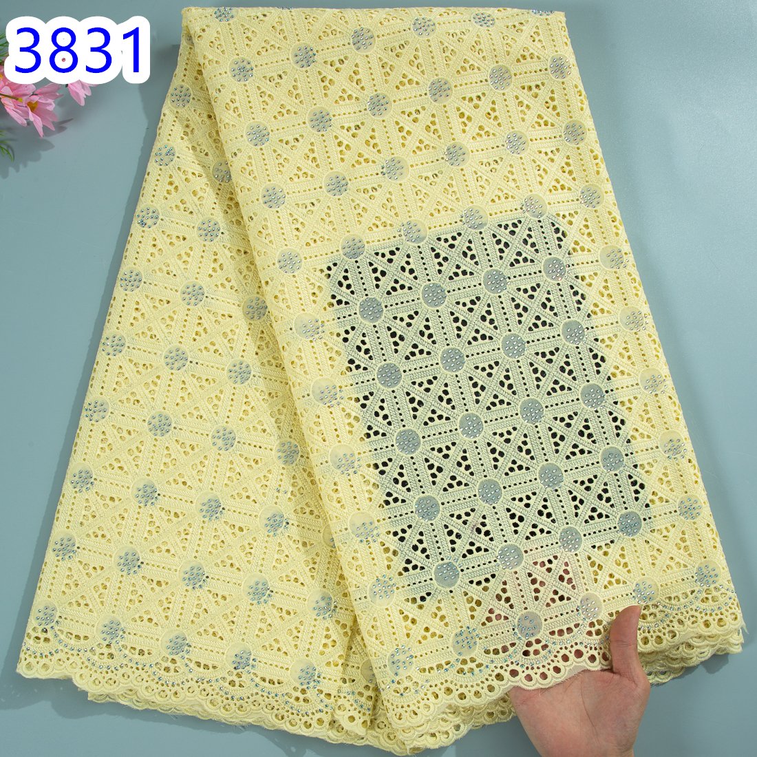 African Cotton Embroidery Lace Fabric 2024 High Quality Swiss Voile Lace with Stones For Women Wedding Dress Sew 3831