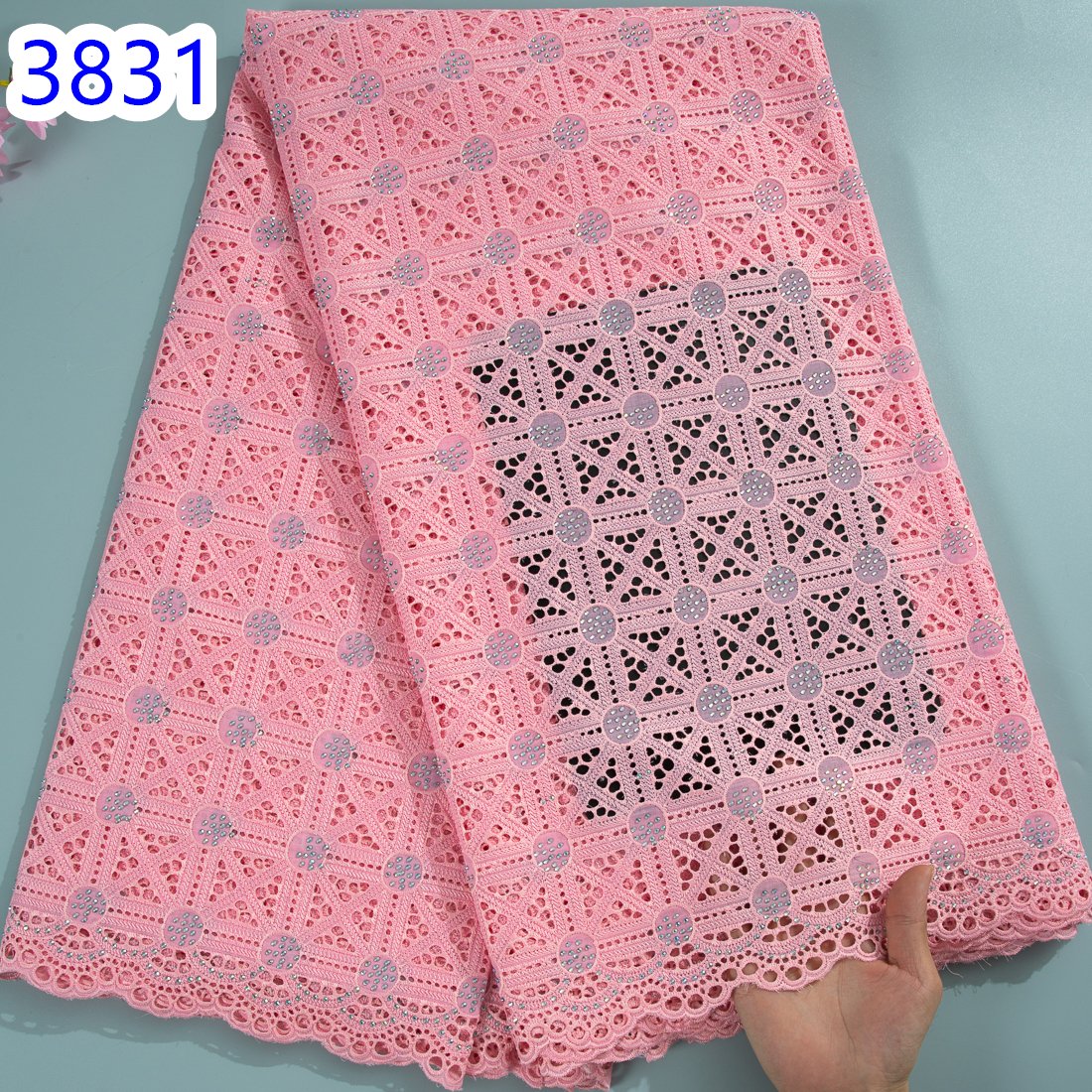 African Cotton Embroidery Lace Fabric 2024 High Quality Swiss Voile Lace with Stones For Women Wedding Dress Sew 3831