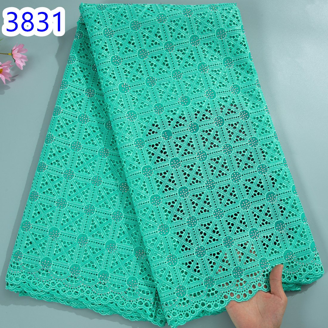 African Cotton Embroidery Lace Fabric 2024 High Quality Swiss Voile Lace with Stones For Women Wedding Dress Sew 3831