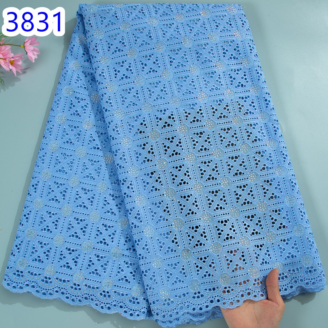 African Cotton Embroidery Lace Fabric 2024 High Quality Swiss Voile Lace with Stones For Women Wedding Dress Sew 3831
