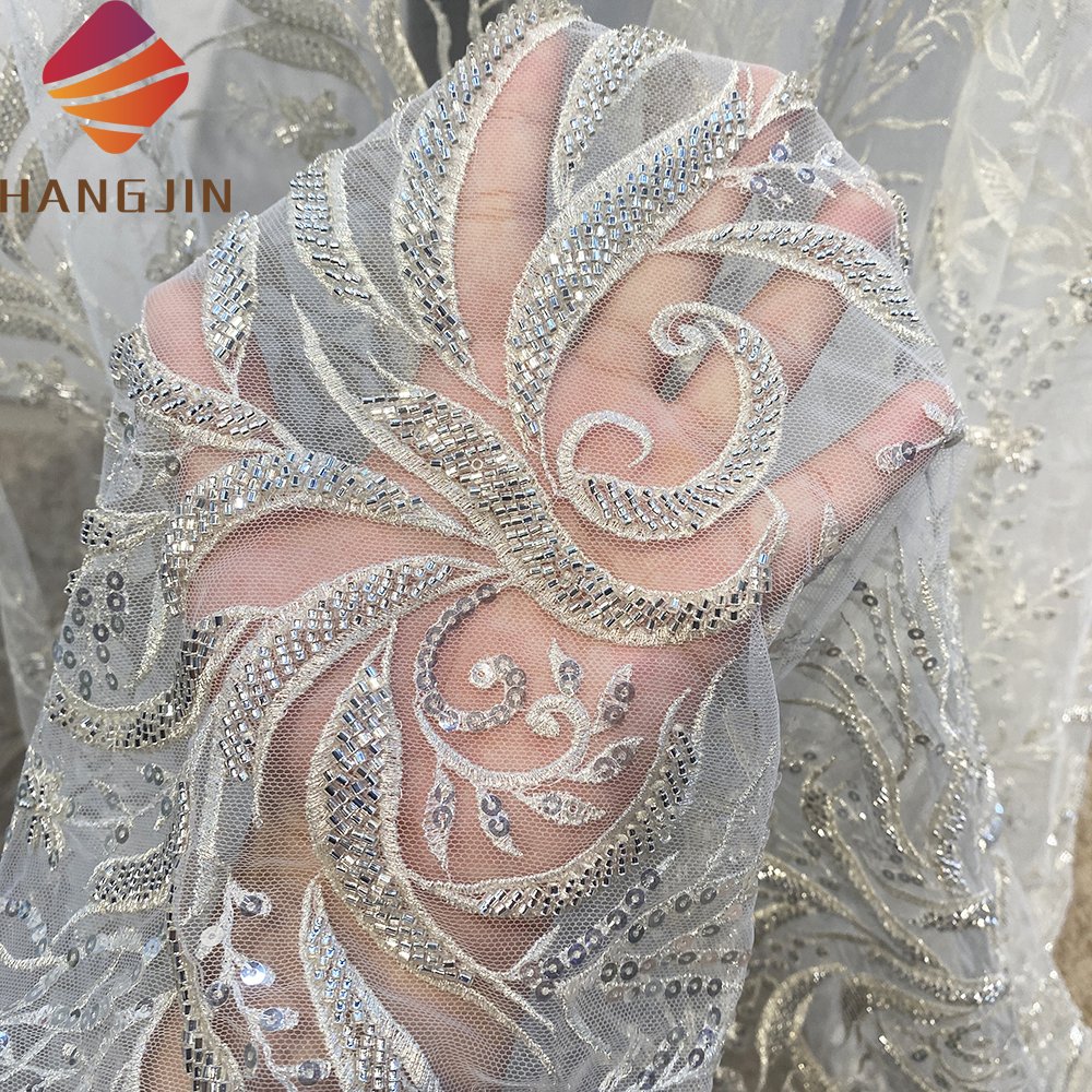 African Luxury French Tulle Sequin Lace Fabric Heavily Beaded Lace Fabric with Crystal Rhinestone