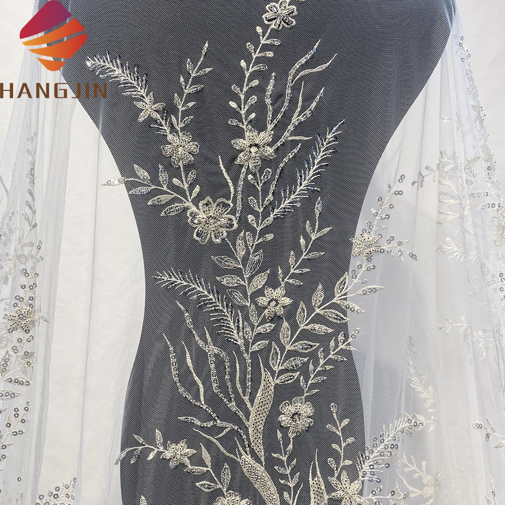 African Luxury French Tulle Sequin Lace Fabric Heavily Beaded Lace Fabric with Crystal Rhinestone