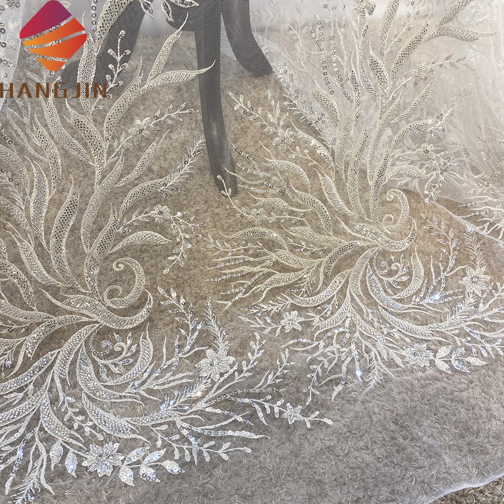 African Luxury French Tulle Sequin Lace Fabric Heavily Beaded Lace Fabric with Crystal Rhinestone