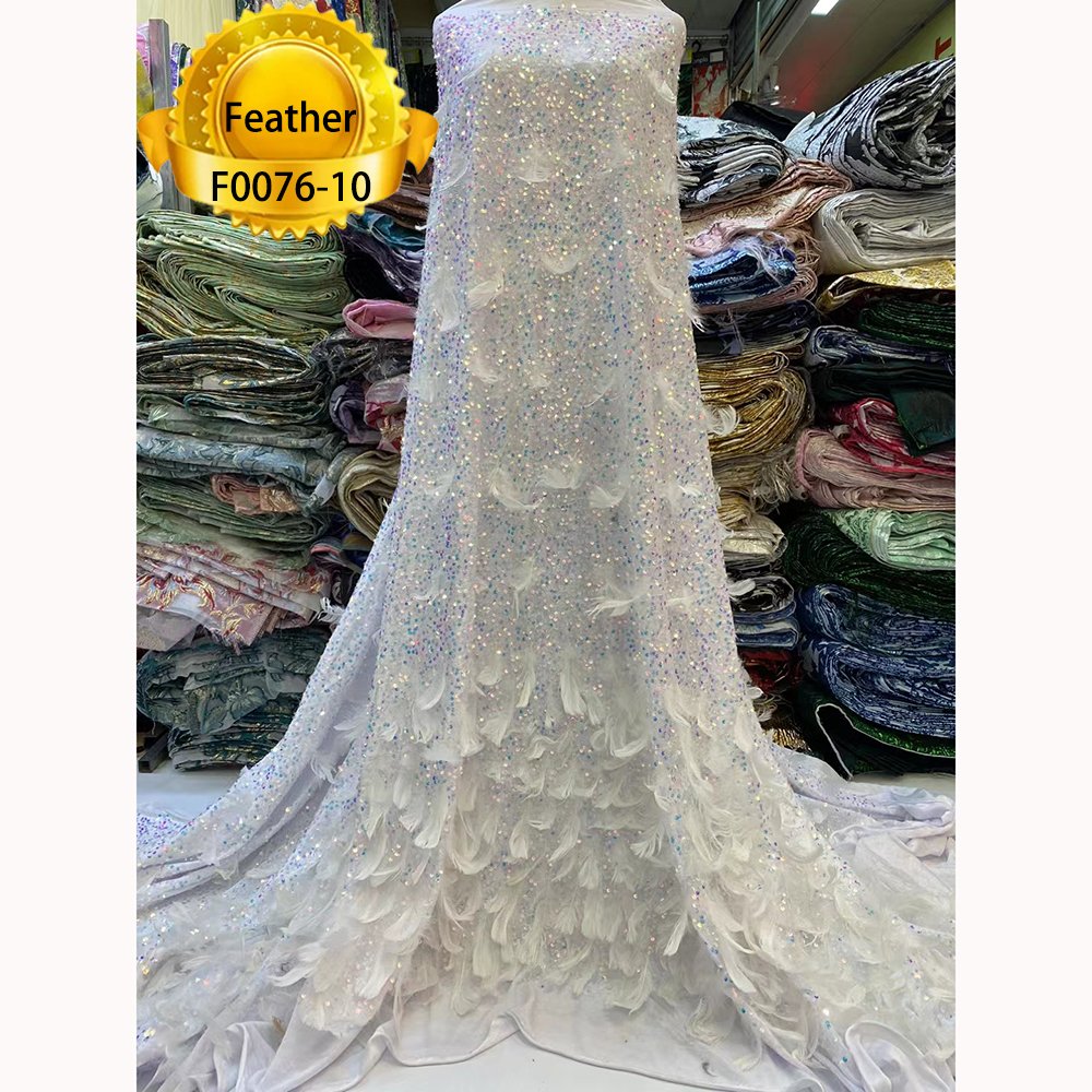 2023 Gold color sequins velvet lace embroidery wholesale custom factory price feather lace fabric