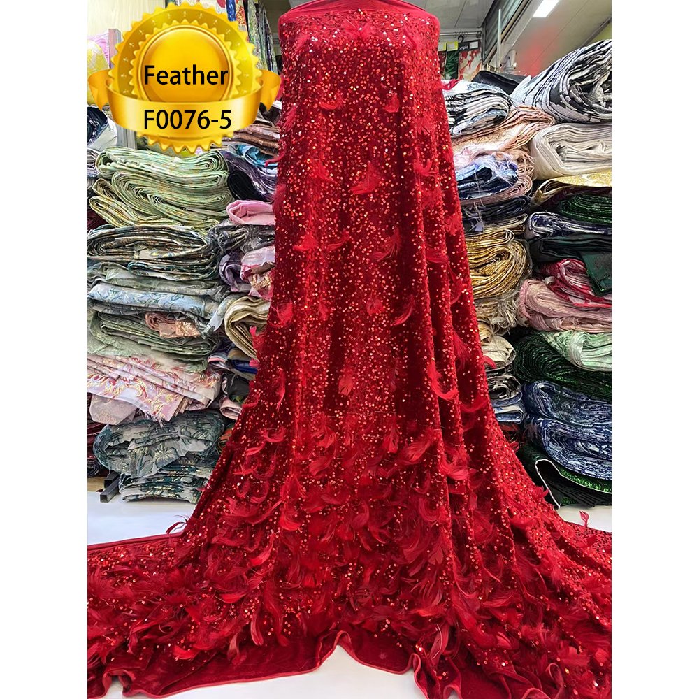 2023 Gold color sequins velvet lace embroidery wholesale custom factory price feather lace fabric