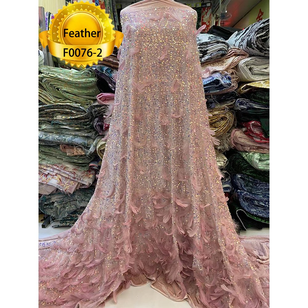 2023 Gold color sequins velvet lace embroidery wholesale custom factory price feather lace fabric
