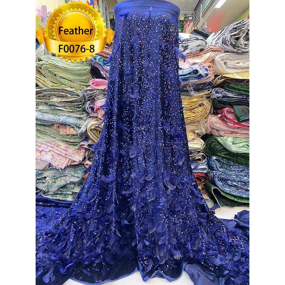 2023 Gold color sequins velvet lace embroidery wholesale custom factory price feather lace fabric