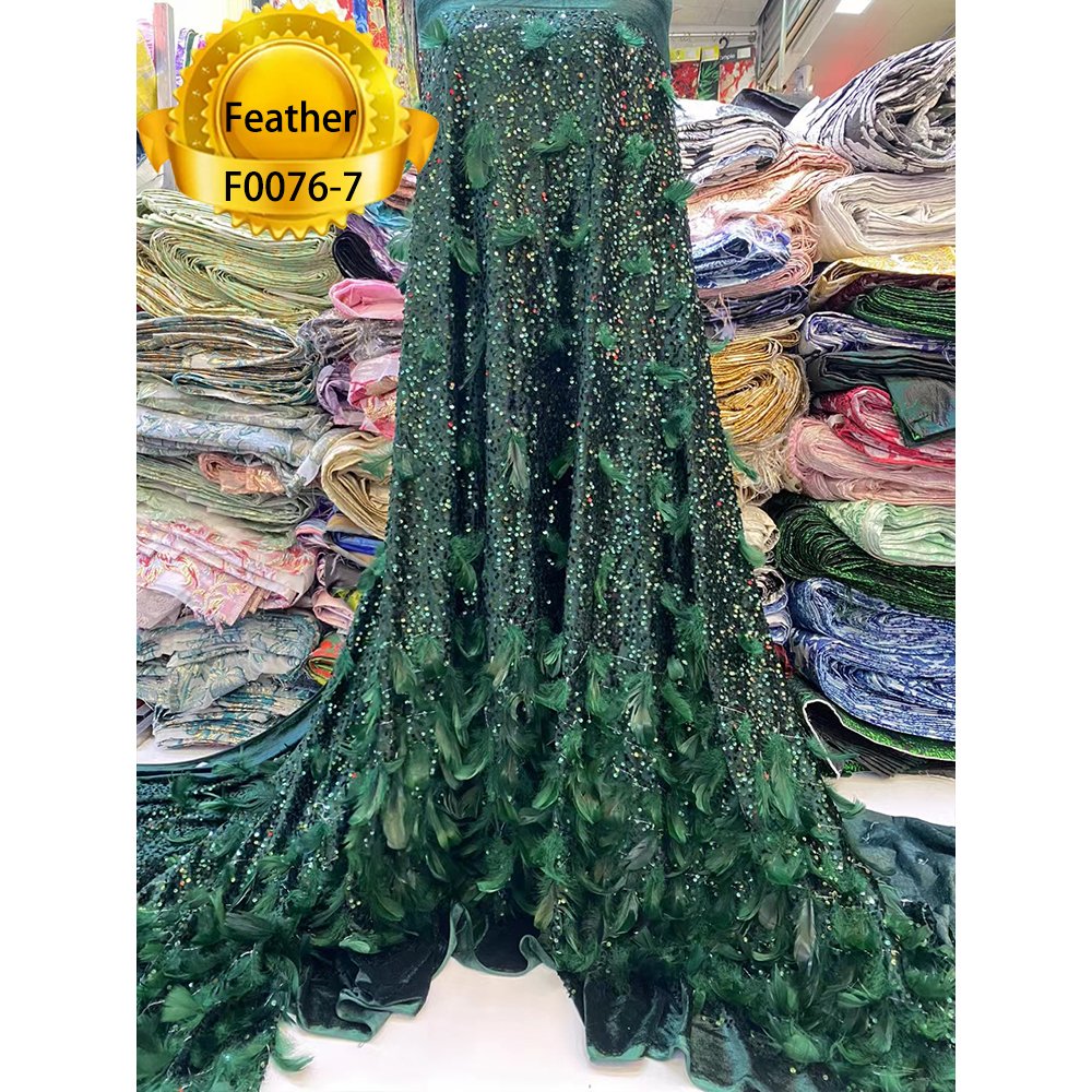 2023 Gold color sequins velvet lace embroidery wholesale custom factory price feather lace fabric
