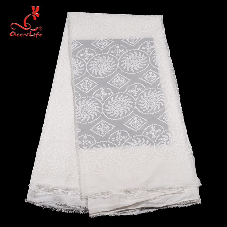 Cheerslife Jacquard Milk Yarn Geometric Rectangle Organza Voile Mesh Embroidery on Chiffon White Swiss Lace Fabric