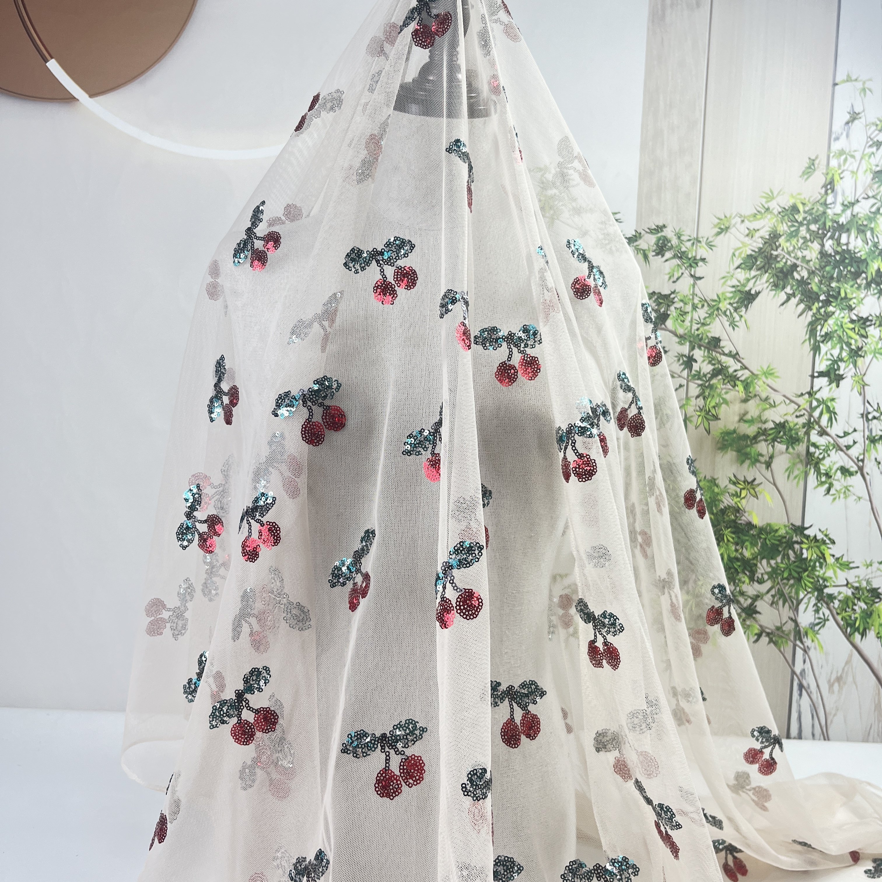 Newest desgin Cherry Lace Fabric Polyester Mesh Sequins Embroidery Fabric Lace Sequin Fabric For children Dress
