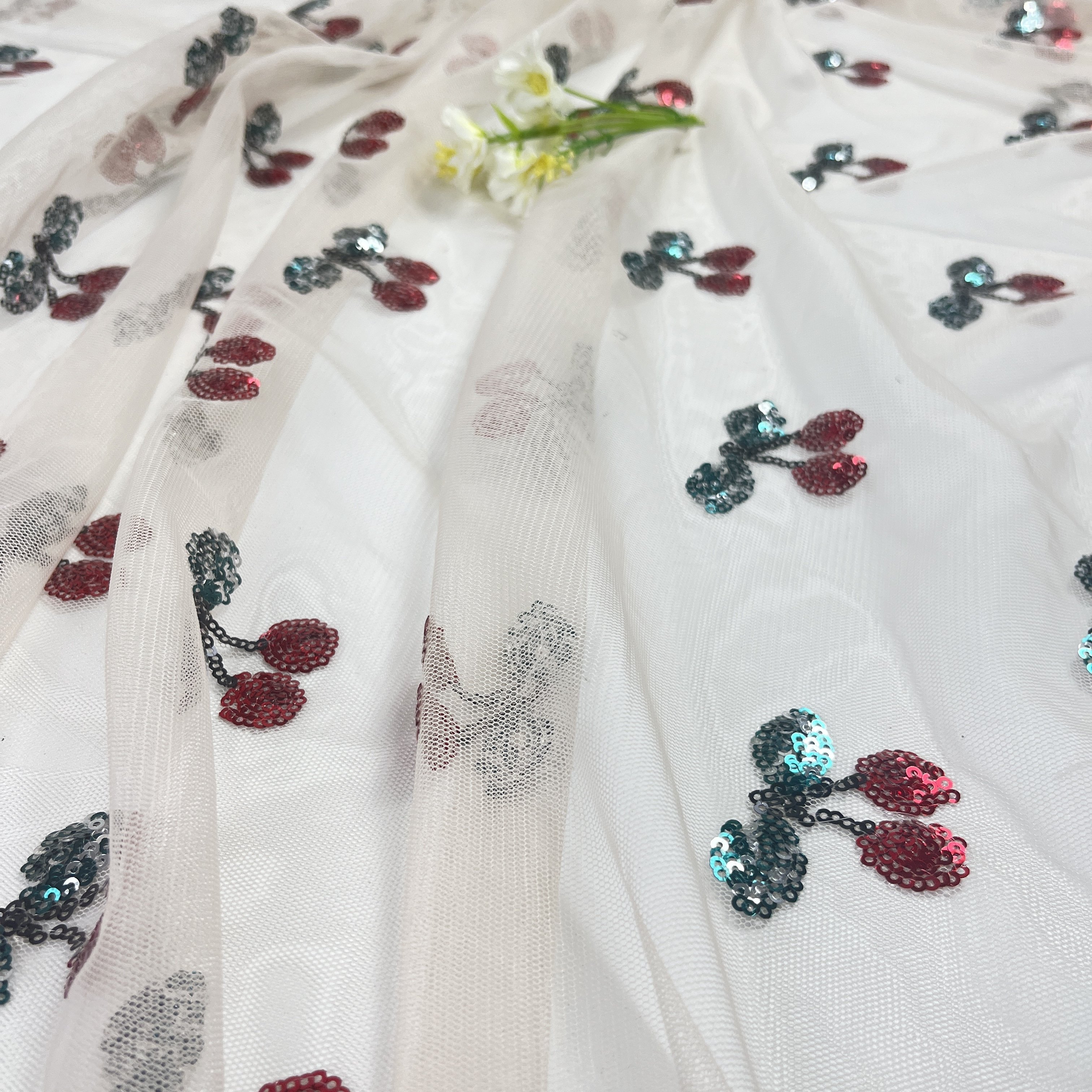 Newest desgin Cherry Lace Fabric Polyester Mesh Sequins Embroidery Fabric Lace Sequin Fabric For children Dress