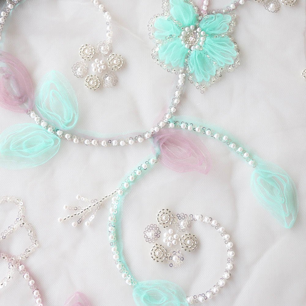 Elegant Design Woven 100%Polyester Sea-Green&Pink Bead Embroidery Fabric For Costume