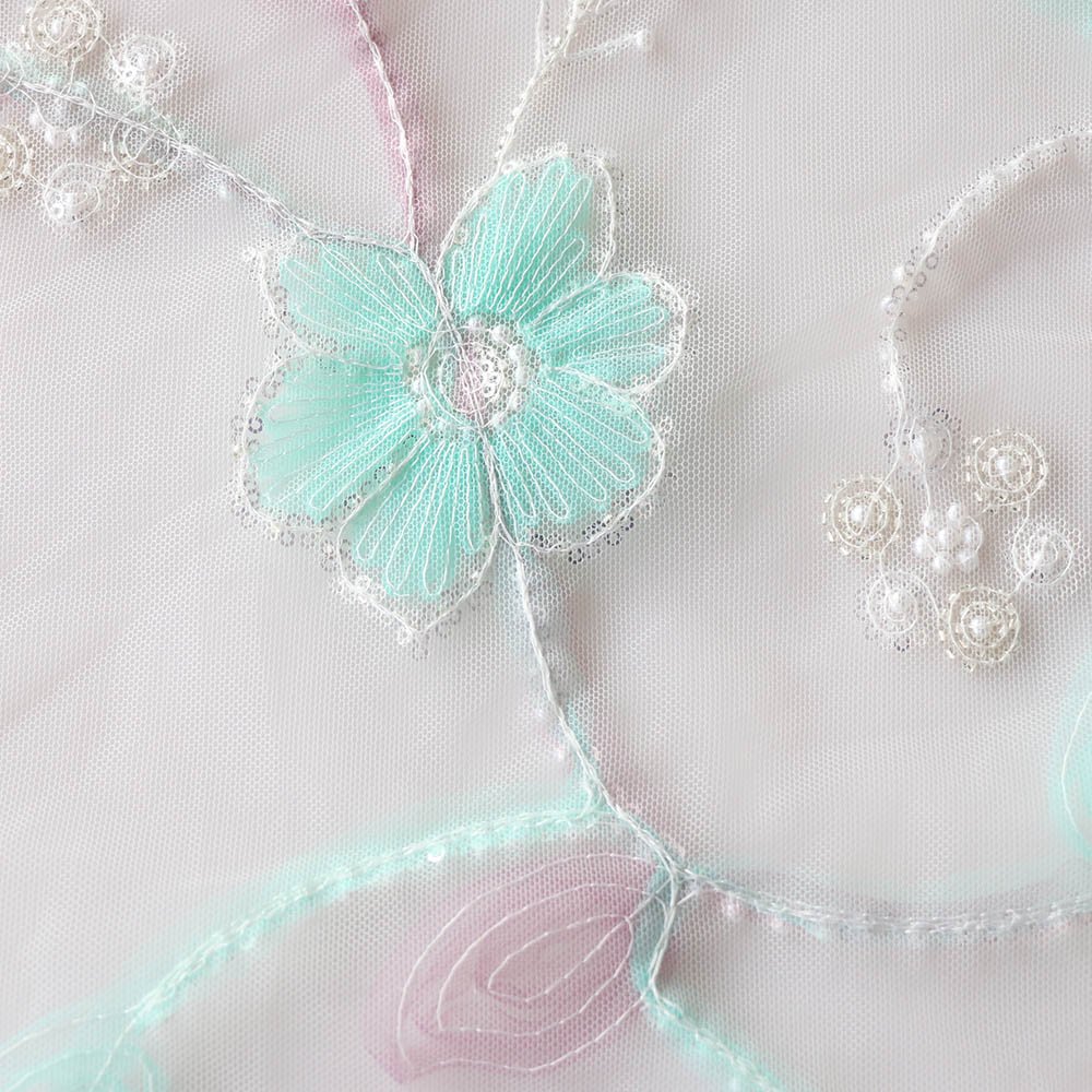 Elegant Design Woven 100%Polyester Sea-Green&Pink Bead Embroidery Fabric For Costume