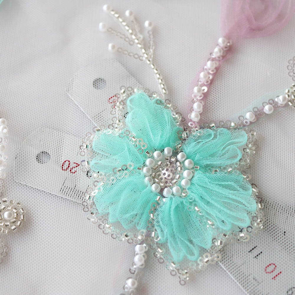 Elegant Design Woven 100%Polyester Sea-Green&Pink Bead Embroidery Fabric For Costume