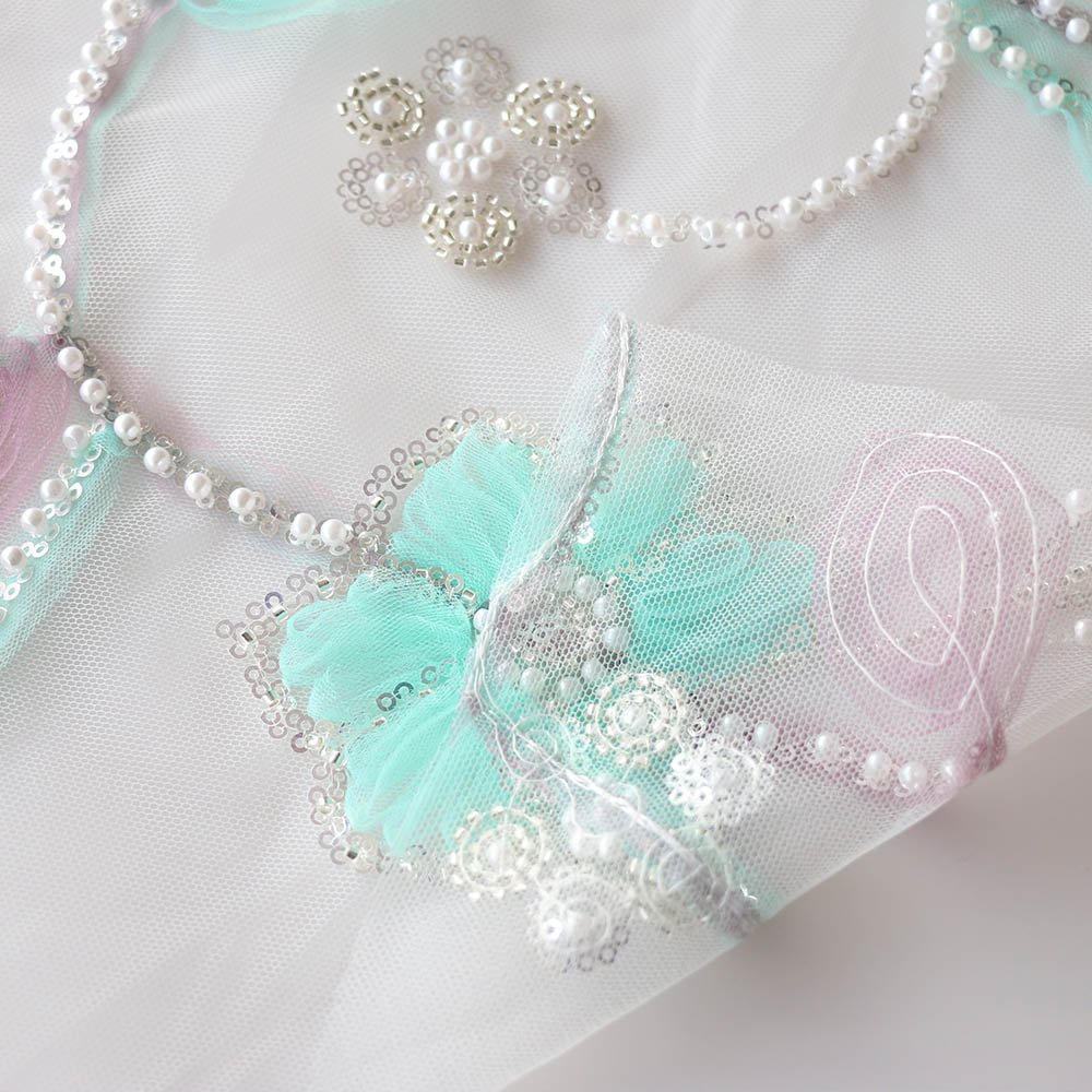 Elegant Design Woven 100%Polyester Sea-Green&Pink Bead Embroidery Fabric For Costume