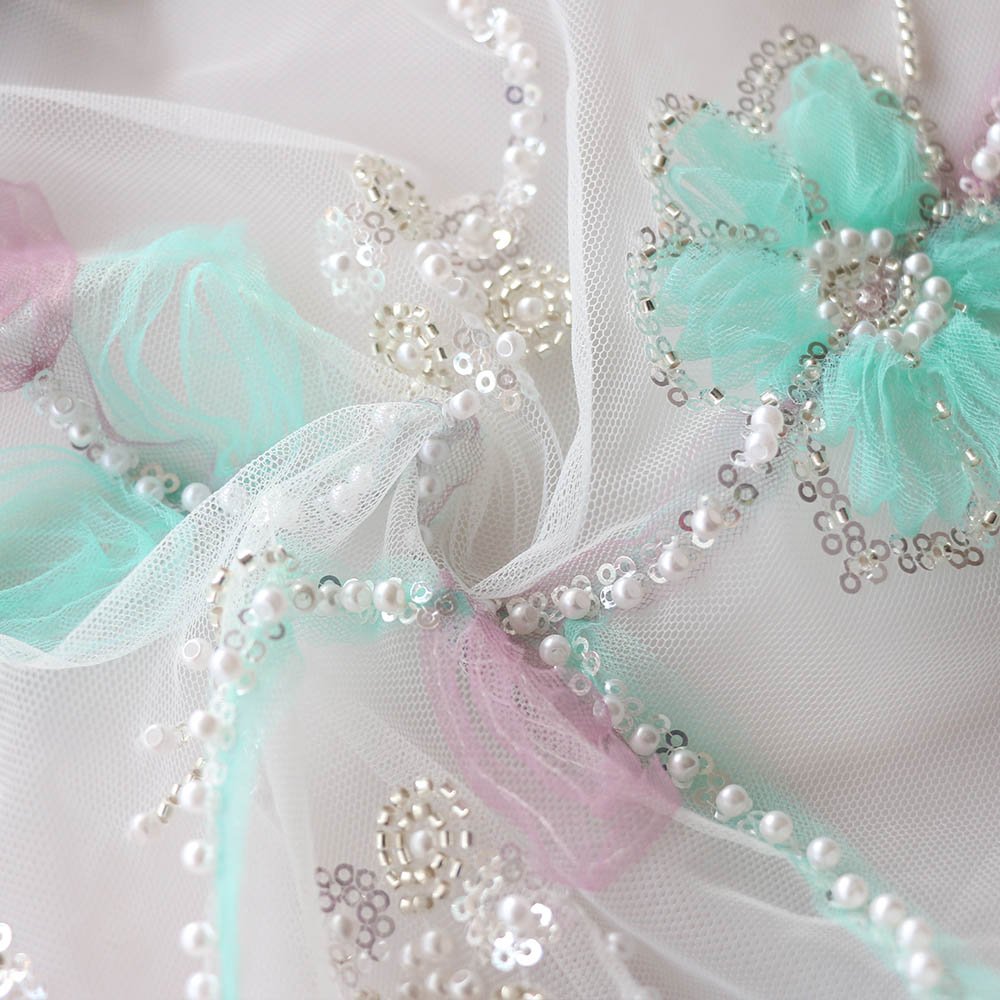 Elegant Design Woven 100%Polyester Sea-Green&Pink Bead Embroidery Fabric For Costume