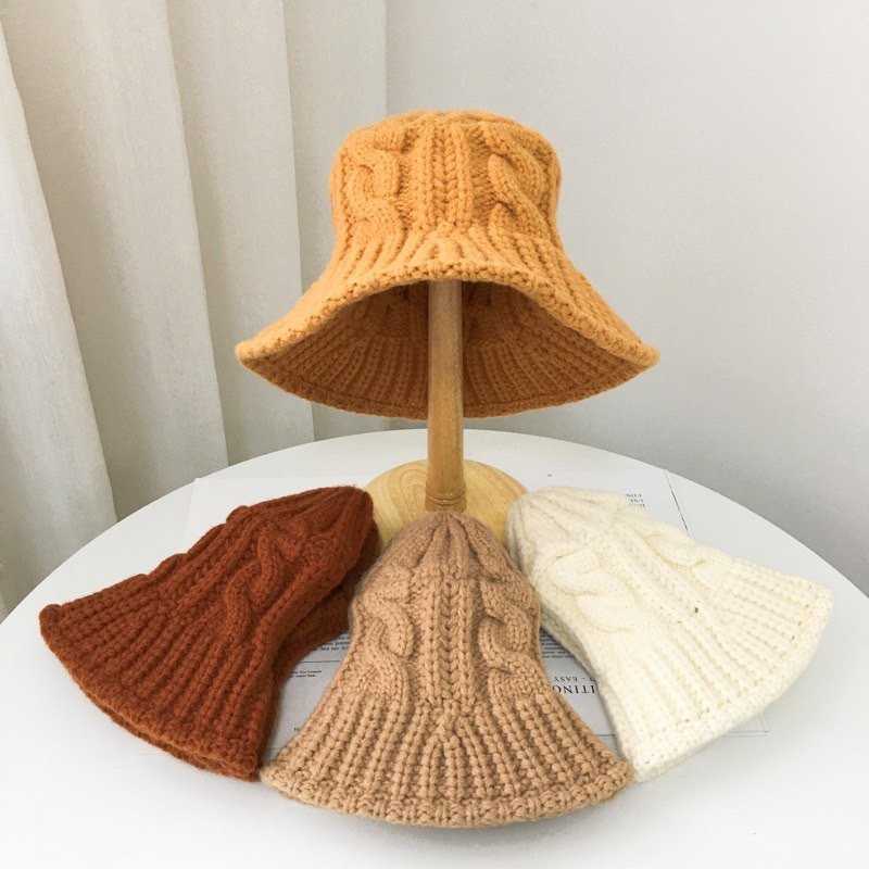 Vintage Winter Warm Baggy Thick Cable Acrylic Knit Ribbed Handmade Crochet Fisherman Bucket hat