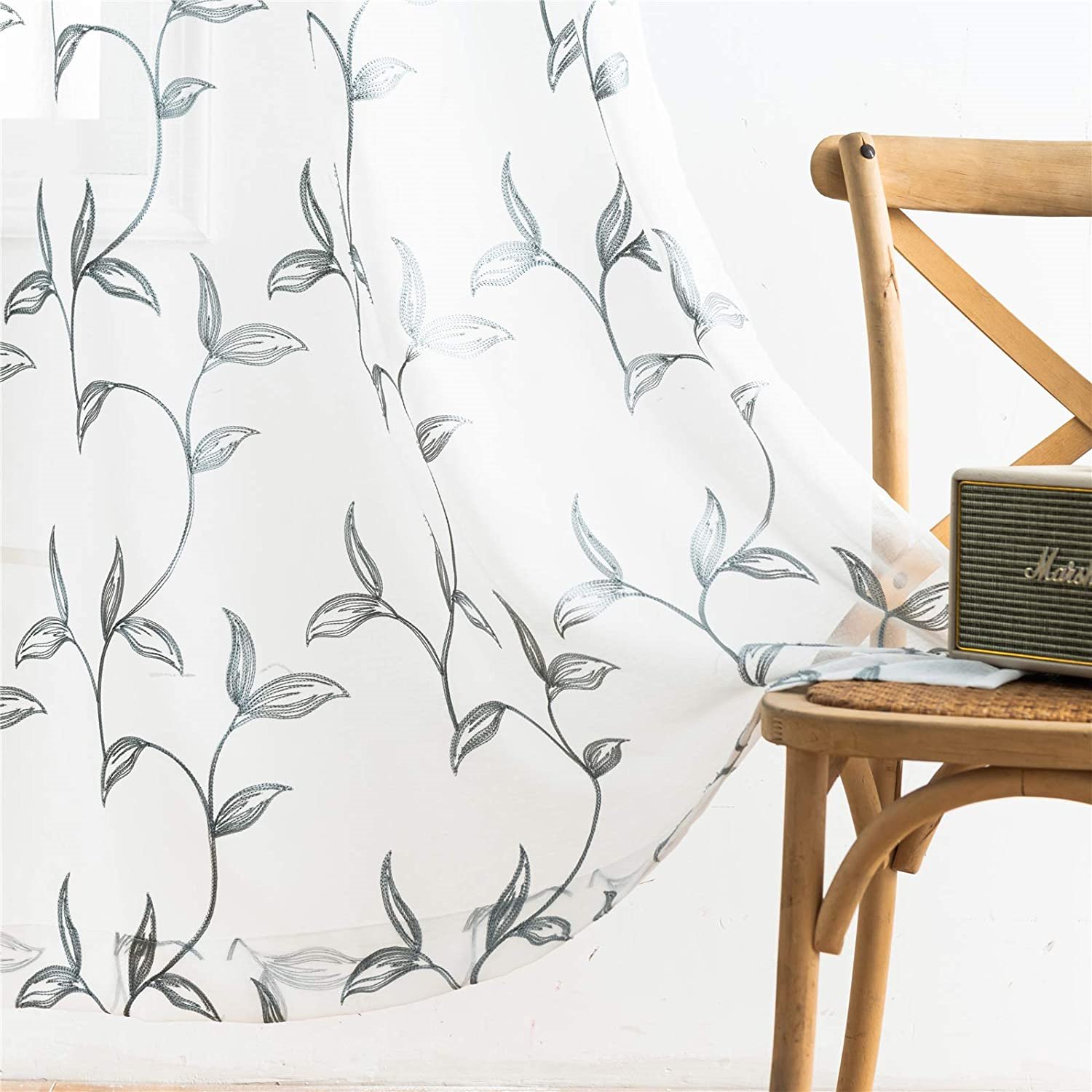 Translucence Grommet Top Linen Look Sheer with Green Floral Embroidery Gorgeous Curtains for Living Room