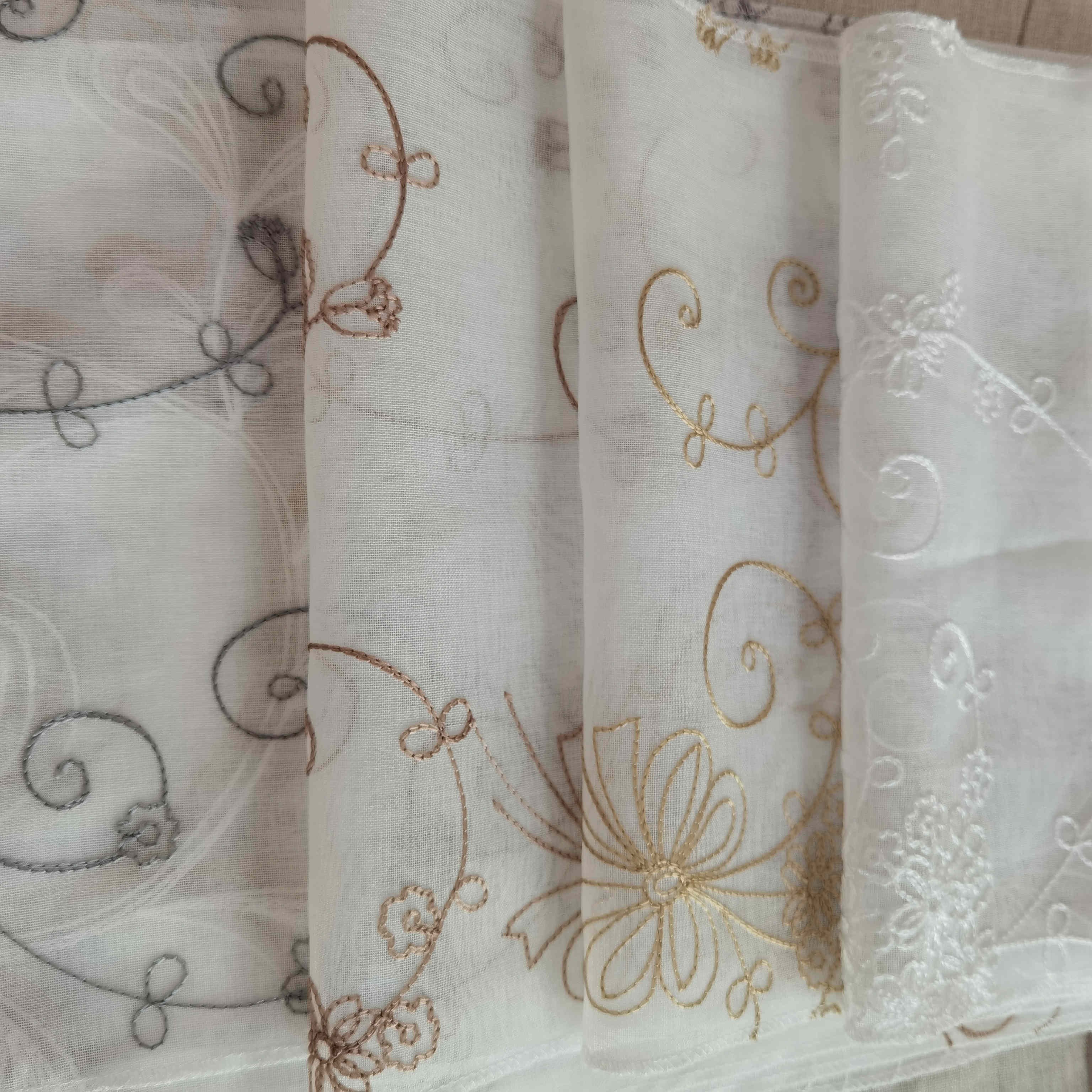 Translucence Grommet Top Linen Look Sheer with Green Floral Embroidery Gorgeous Curtains for Living Room