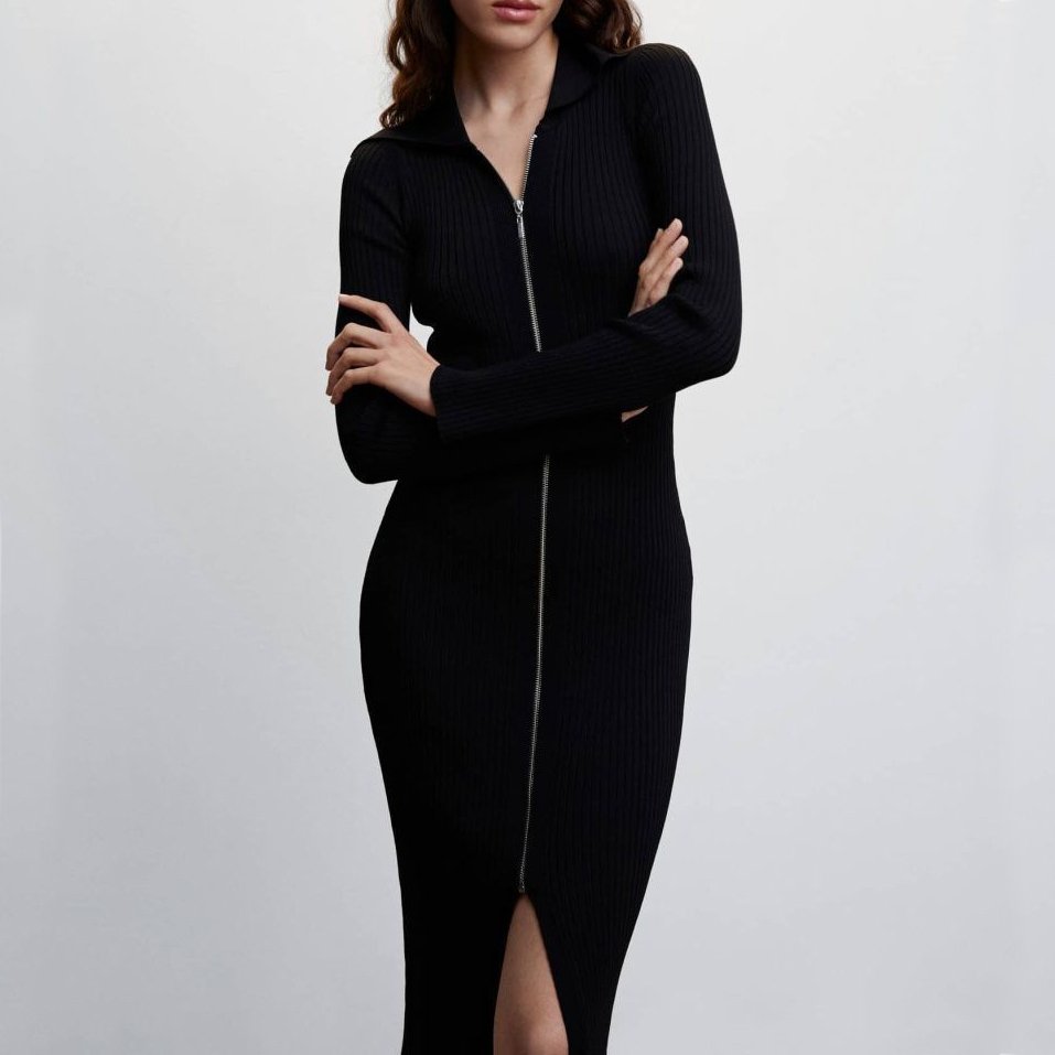 Custom new autumn high-end black rib knit long dress casual lady girls zip up knitted sweater dresses for women