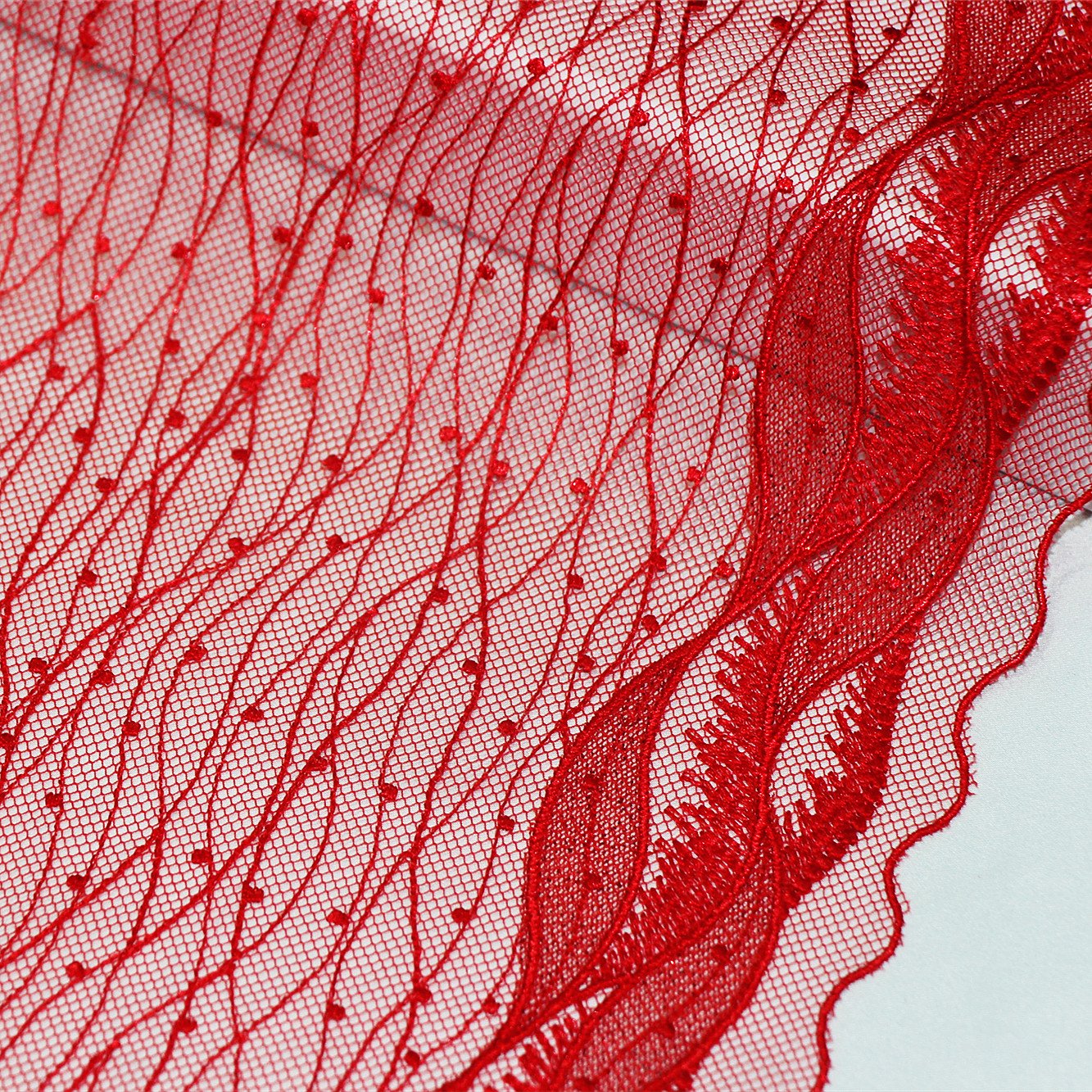 Red Waved Dot 20cm Mesh Embroidery Lace Fabric Black Flower Embroidered Fabric Polyester Lace