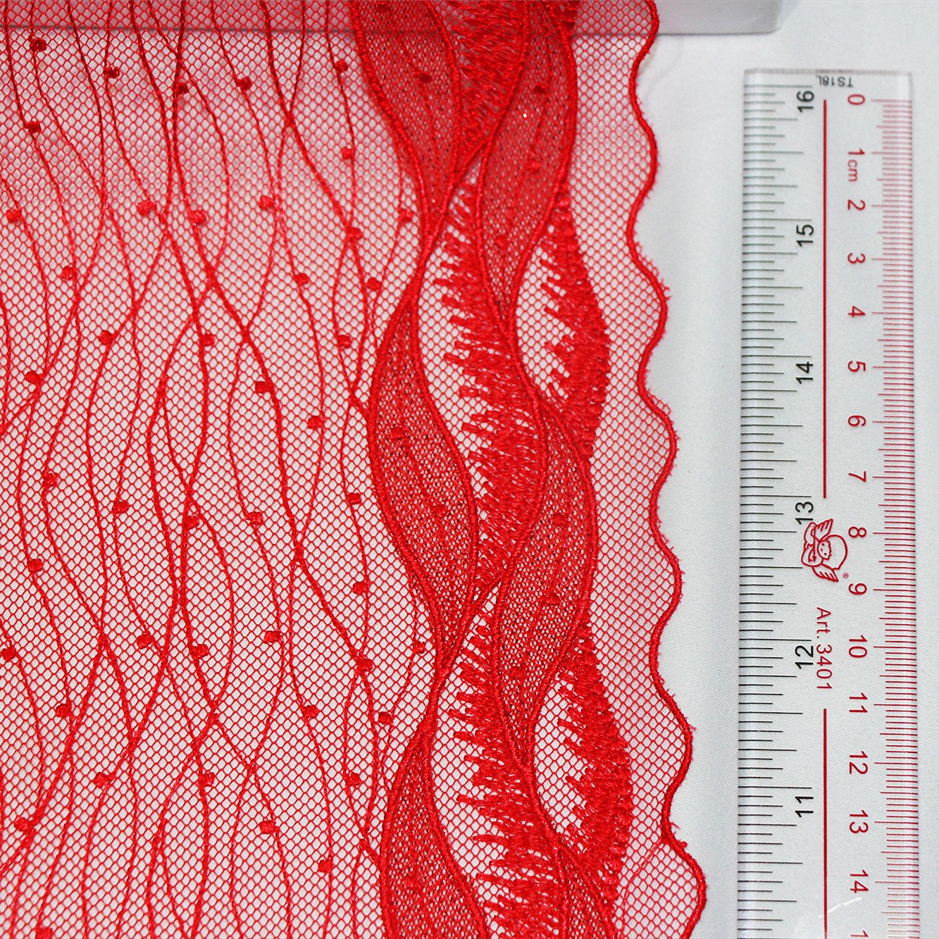 Red Waved Dot 20cm Mesh Embroidery Lace Fabric Black Flower Embroidered Fabric Polyester Lace