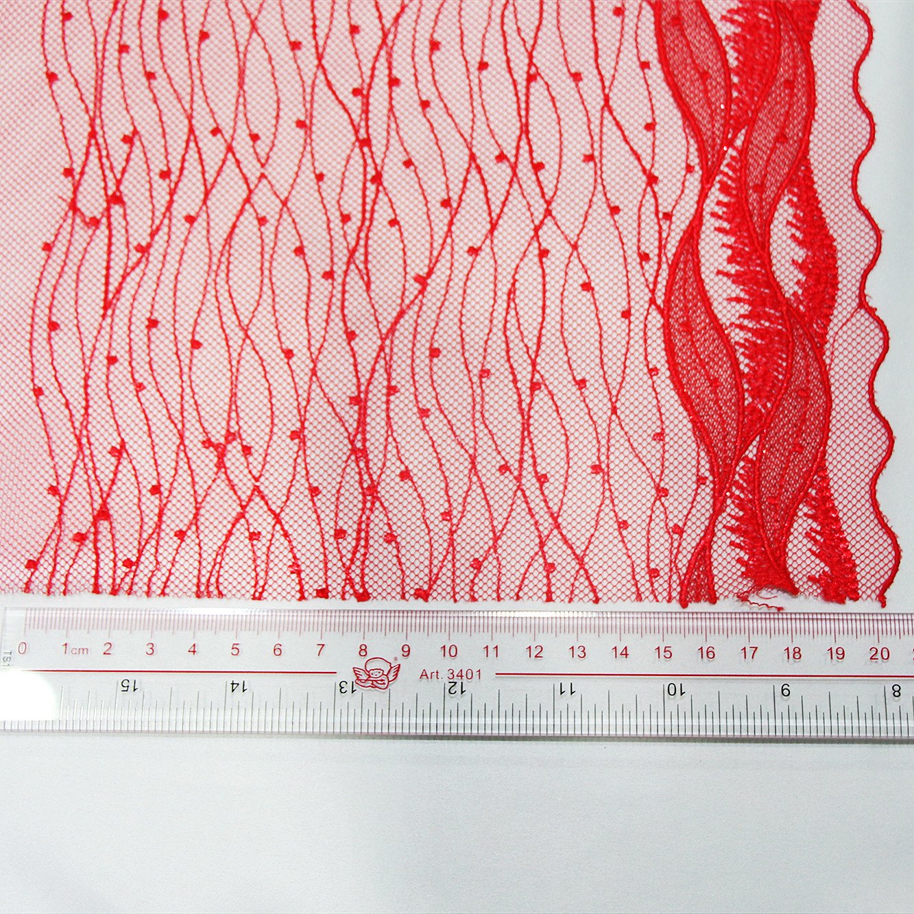 Red Waved Dot 20cm Mesh Embroidery Lace Fabric Black Flower Embroidered Fabric Polyester Lace