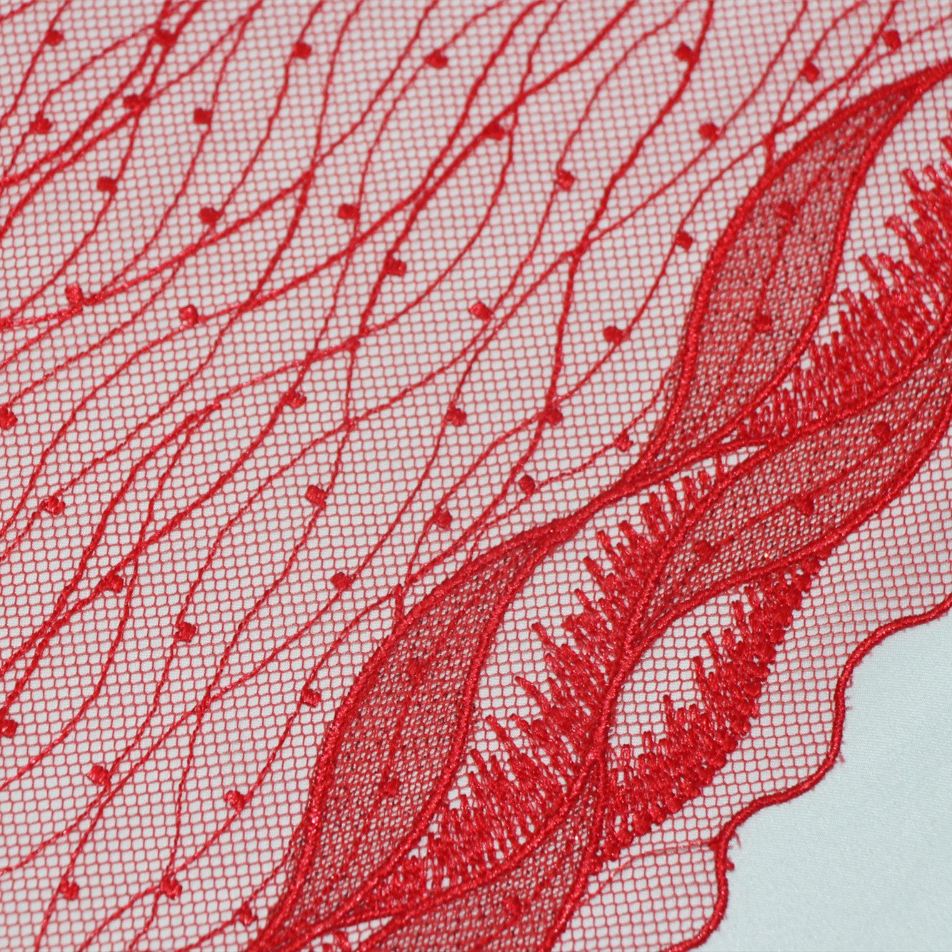 Red Waved Dot 20cm Mesh Embroidery Lace Fabric Black Flower Embroidered Fabric Polyester Lace