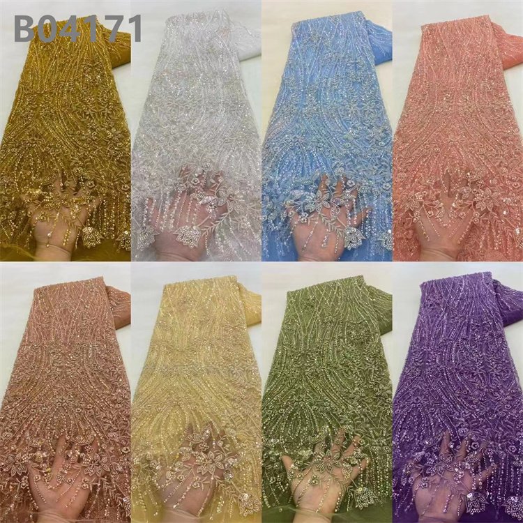 High Quality Tulle Bridal Lace Fabric Peach And Red Color Sequins Beaded Embroidery Fabric Lace