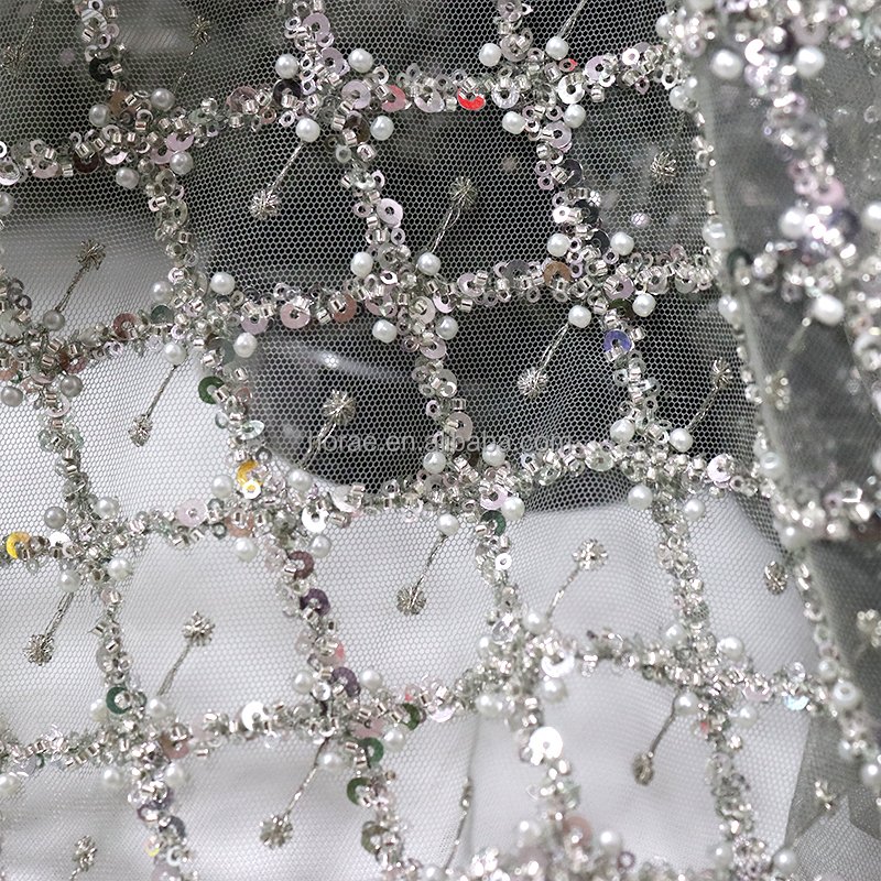 SF018 High Quality Luxury Elegant Silver Beaded African Lace Swiss Lace Fabric for Bridal Wedding Dresses