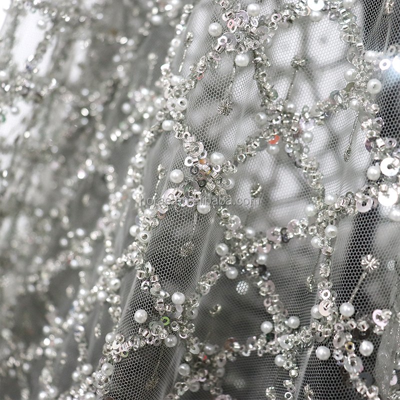 SF018 High Quality Luxury Elegant Silver Beaded African Lace Swiss Lace Fabric for Bridal Wedding Dresses
