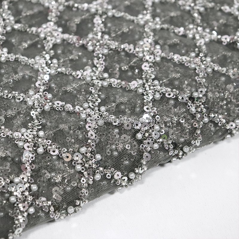 SF018 High Quality Luxury Elegant Silver Beaded African Lace Swiss Lace Fabric for Bridal Wedding Dresses