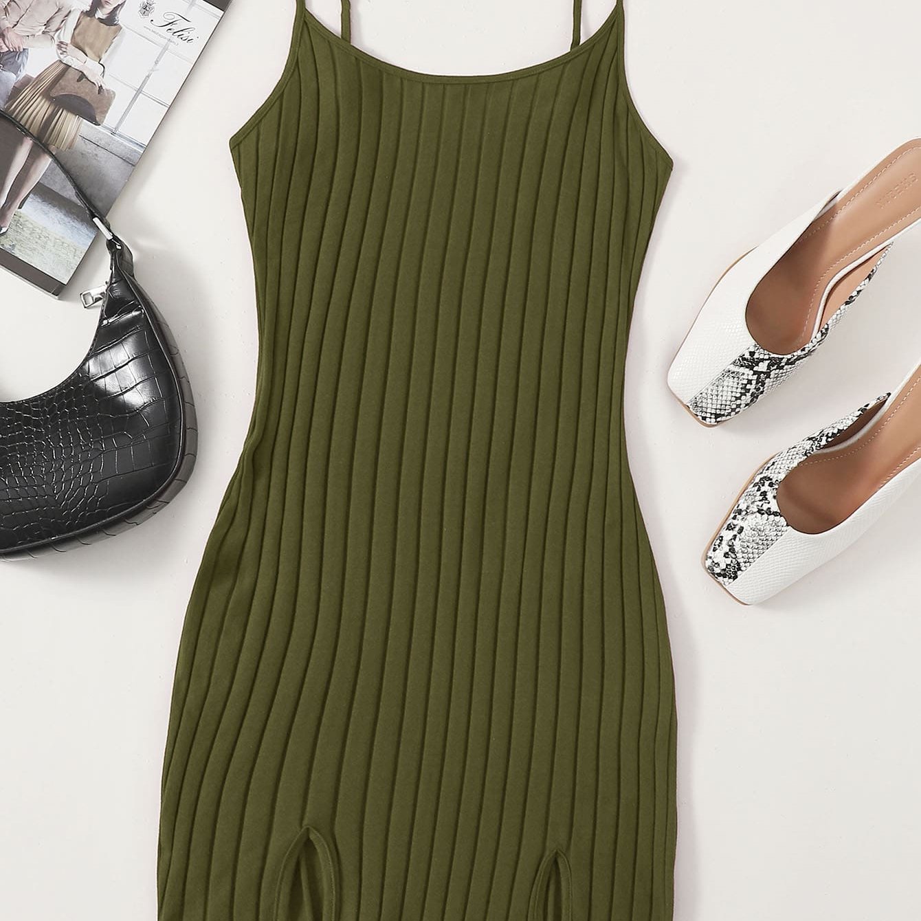 New Arrivals Spaghetti Strap Pencil Tight Dress Ribbed Cami M-Slit Bodycon Mini Dress For Women
