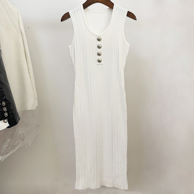 Wholesale women clothing button sleeveless knit ribbed bodycon dresses