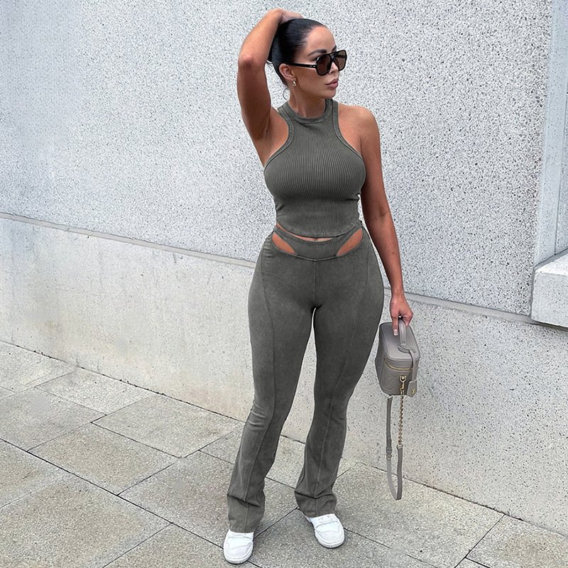 New Spring Fall Women Outfits Stretch Rib Knit Sleeve+Crop Top Long Pants 2pc Sets Casual Slim Two Piece Pants Sets For Women