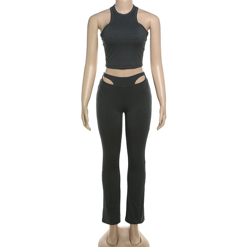 New Spring Fall Women Outfits Stretch Rib Knit Sleeve+Crop Top Long Pants 2pc Sets Casual Slim Two Piece Pants Sets For Women