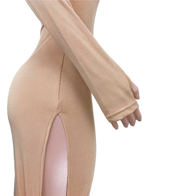 New Fall High Neck Ribbed Knitted Long Sleeve Sexy Slit Dress Club Maxi Dresses Women Long