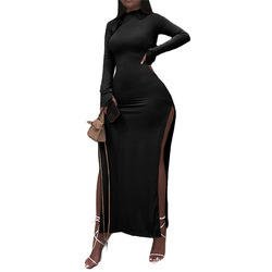 New Fall High Neck Ribbed Knitted Long Sleeve Sexy Slit Dress Club Maxi Dresses Women Long